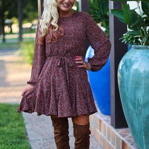 NWT She And Sky Long Sleeve Burgundy Print Dress With Flutter Skirt